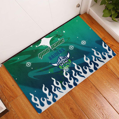 Personalized Canberra Raiders Rubber Doormat Y2K Grunge Aesthetic With Cyber Flames and Starburst Graphics