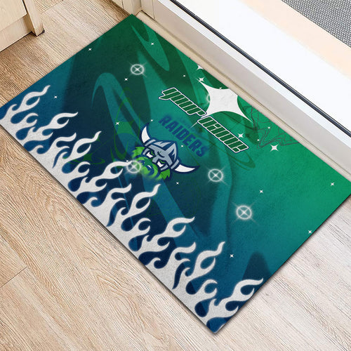 Personalized Canberra Raiders Rubber Doormat Y2K Grunge Aesthetic With Cyber Flames and Starburst Graphics