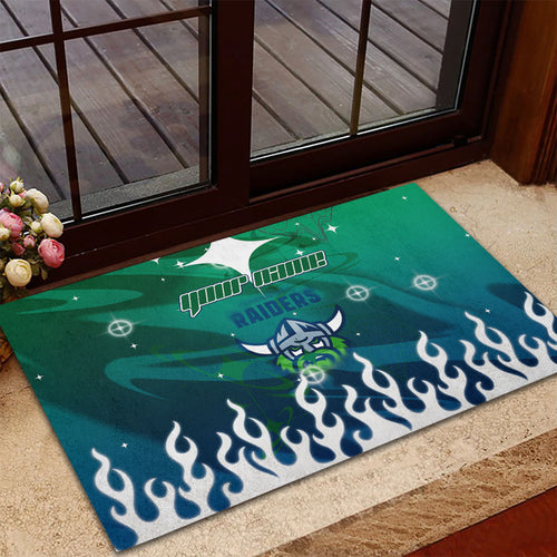 Personalized Canberra Raiders Rubber Doormat Y2K Grunge Aesthetic With Cyber Flames and Starburst Graphics