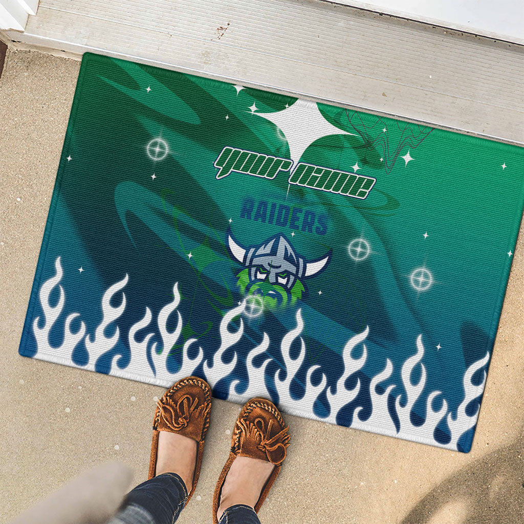 Personalized Canberra Raiders Rubber Doormat Y2K Grunge Aesthetic With Cyber Flames and Starburst Graphics