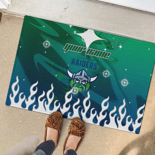 Personalized Canberra Raiders Rubber Doormat Y2K Grunge Aesthetic With Cyber Flames and Starburst Graphics