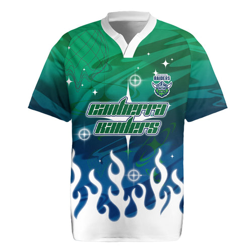 Personalized Canberra Raiders Rugby Jersey Y2K Grunge Aesthetic With Cyber Flames and Starburst Graphics