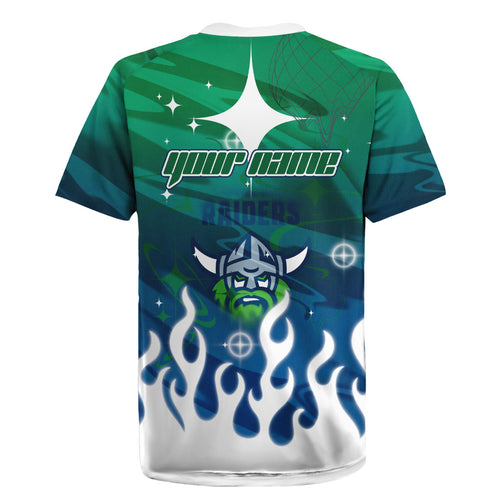 Personalized Canberra Raiders Rugby Jersey Y2K Grunge Aesthetic With Cyber Flames and Starburst Graphics