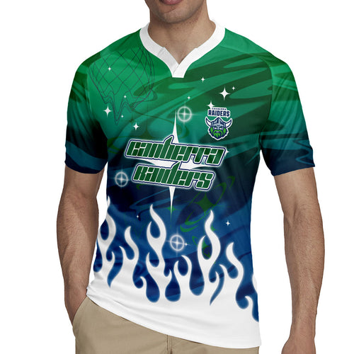 Personalized Canberra Raiders Rugby Jersey Y2K Grunge Aesthetic With Cyber Flames and Starburst Graphics