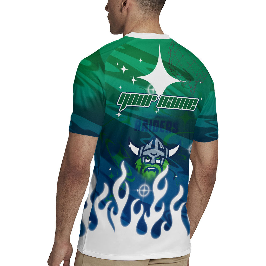 Personalized Canberra Raiders Rugby Jersey Y2K Grunge Aesthetic With Cyber Flames and Starburst Graphics