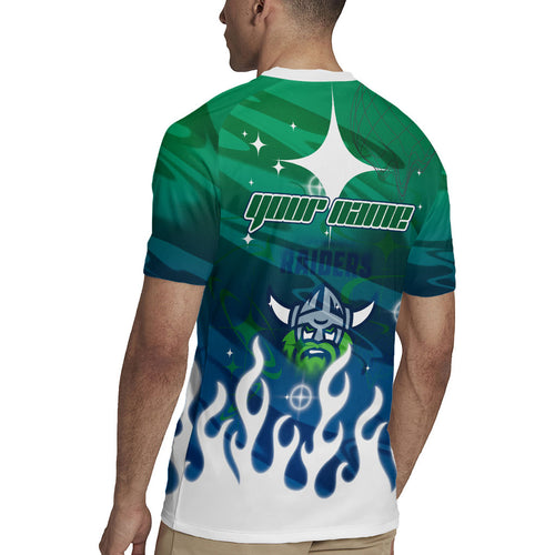 Personalized Canberra Raiders Rugby Jersey Y2K Grunge Aesthetic With Cyber Flames and Starburst Graphics