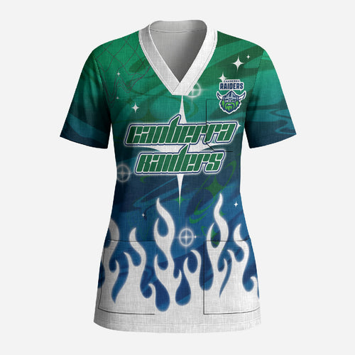 Personalized Canberra Raiders Scrub Top Y2K Grunge Aesthetic With Cyber Flames and Starburst Graphics