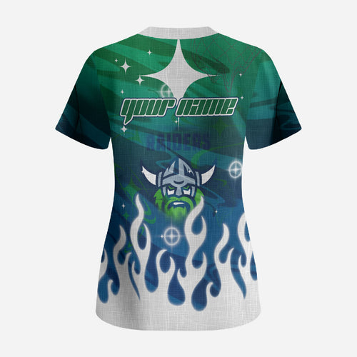 Personalized Canberra Raiders Scrub Top Y2K Grunge Aesthetic With Cyber Flames and Starburst Graphics