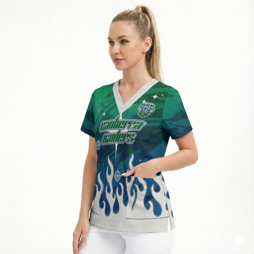 Personalized Canberra Raiders Scrub Top Y2K Grunge Aesthetic With Cyber Flames and Starburst Graphics