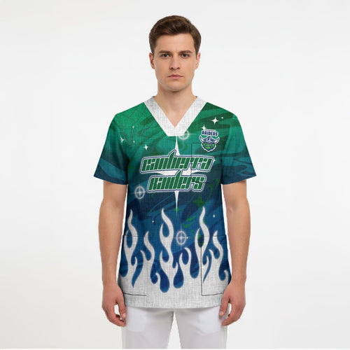 Personalized Canberra Raiders Scrub Top Y2K Grunge Aesthetic With Cyber Flames and Starburst Graphics