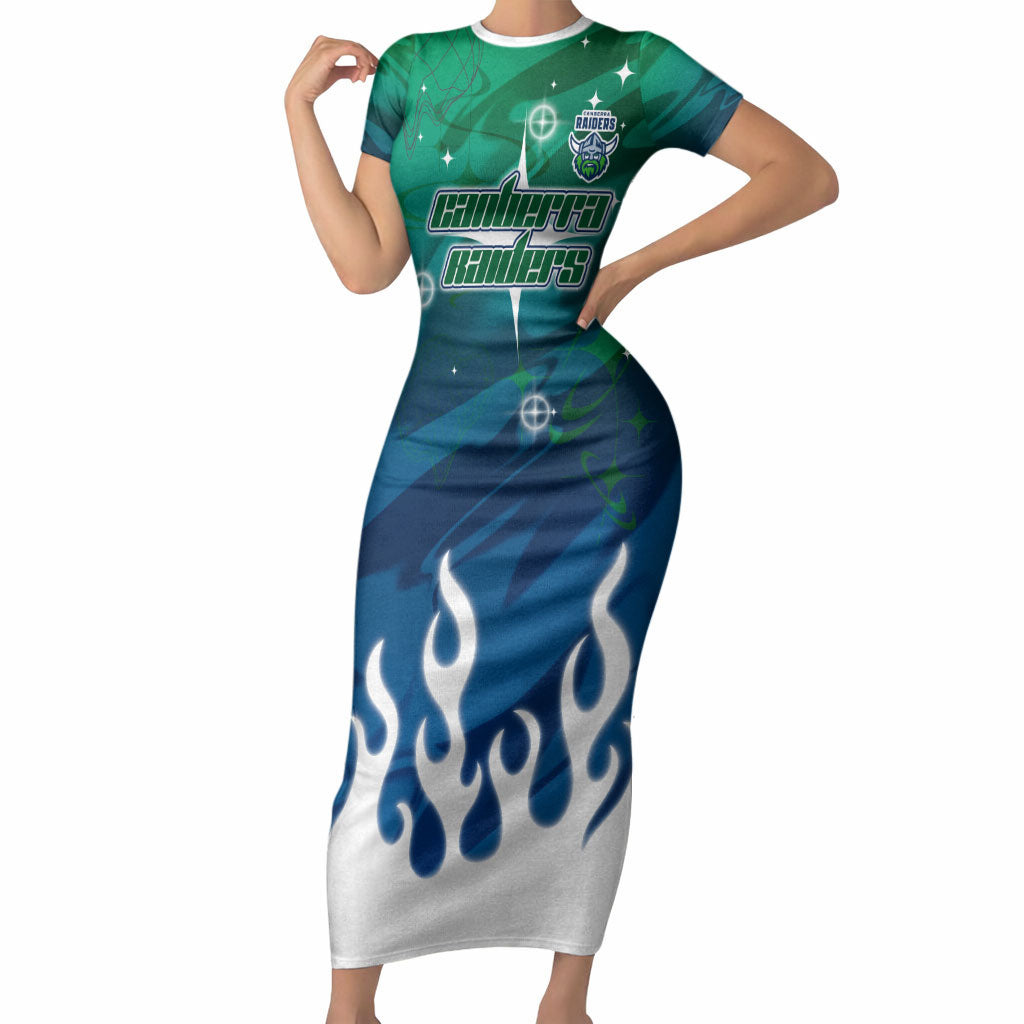 Personalized Canberra Raiders Short Sleeve Bodycon Dress Y2K Grunge Aesthetic With Cyber Flames and Starburst Graphics