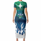 Personalized Canberra Raiders Short Sleeve Bodycon Dress Y2K Grunge Aesthetic With Cyber Flames and Starburst Graphics