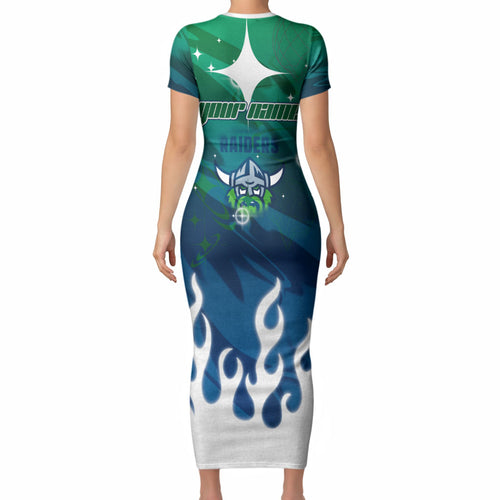 Personalized Canberra Raiders Short Sleeve Bodycon Dress Y2K Grunge Aesthetic With Cyber Flames and Starburst Graphics