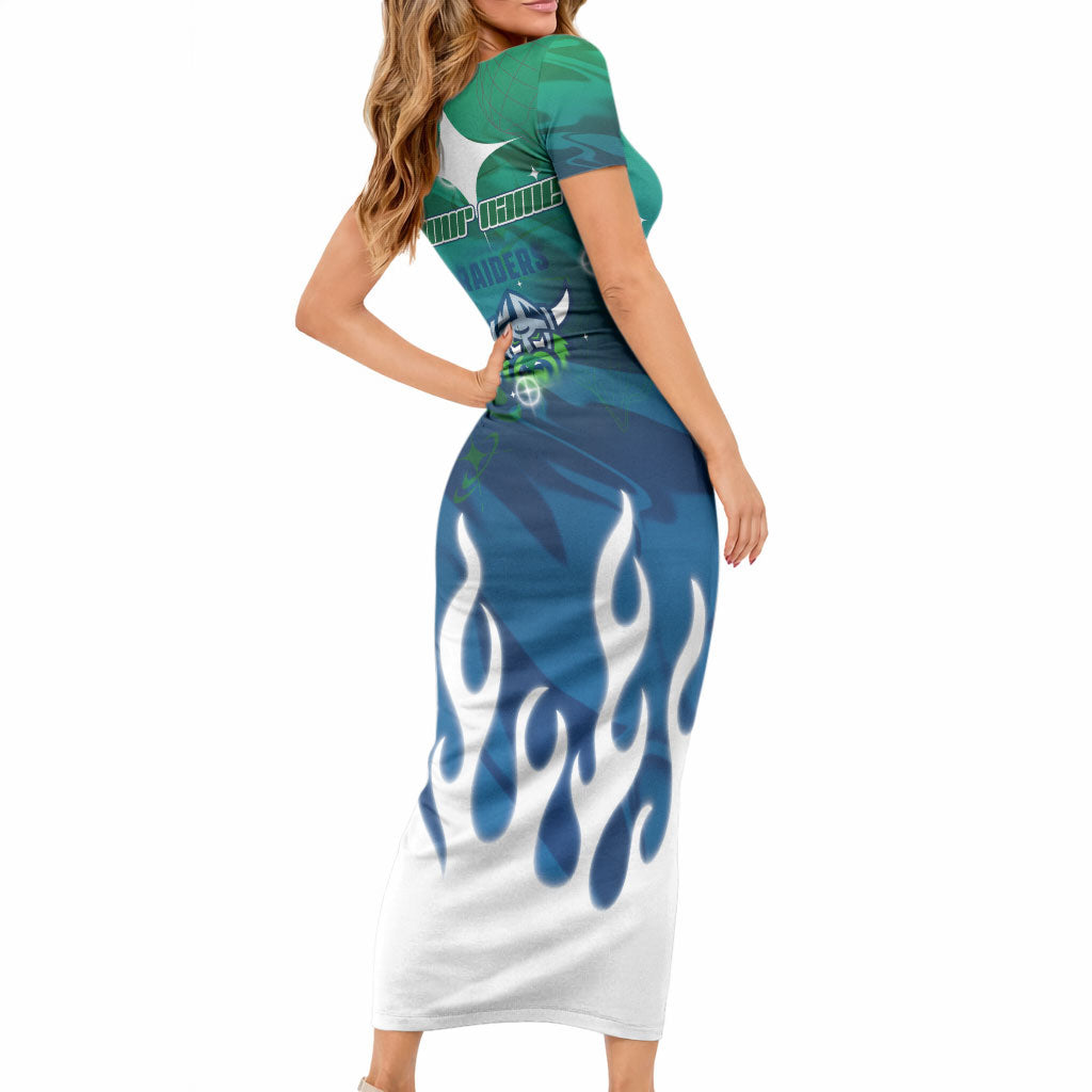 Personalized Canberra Raiders Short Sleeve Bodycon Dress Y2K Grunge Aesthetic With Cyber Flames and Starburst Graphics