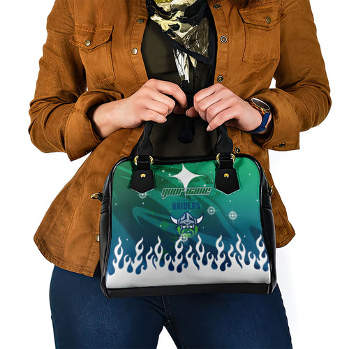 Personalized Canberra Raiders Shoulder Handbag Y2K Grunge Aesthetic With Cyber Flames and Starburst Graphics