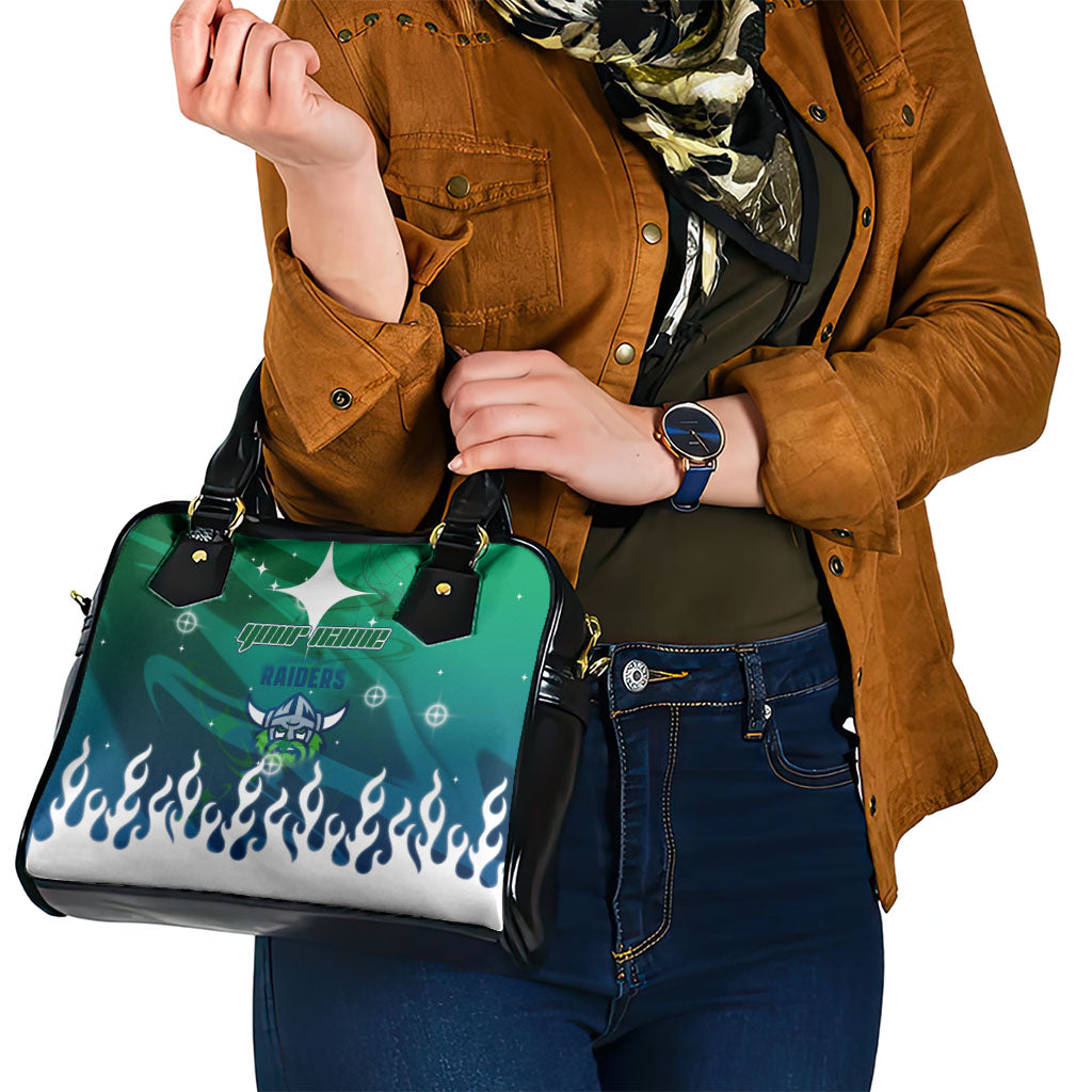 Personalized Canberra Raiders Shoulder Handbag Y2K Grunge Aesthetic With Cyber Flames and Starburst Graphics