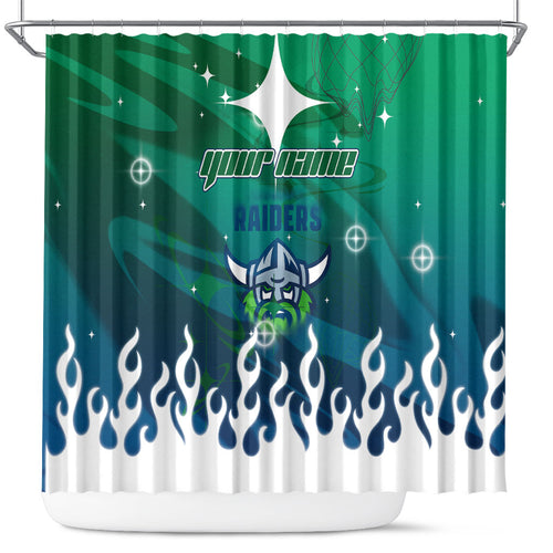 Personalized Canberra Raiders Shower Curtain Y2K Grunge Aesthetic With Cyber Flames and Starburst Graphics