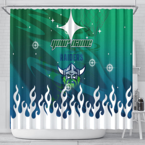 Personalized Canberra Raiders Shower Curtain Y2K Grunge Aesthetic With Cyber Flames and Starburst Graphics