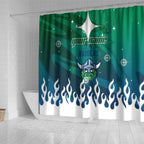 Personalized Canberra Raiders Shower Curtain Y2K Grunge Aesthetic With Cyber Flames and Starburst Graphics