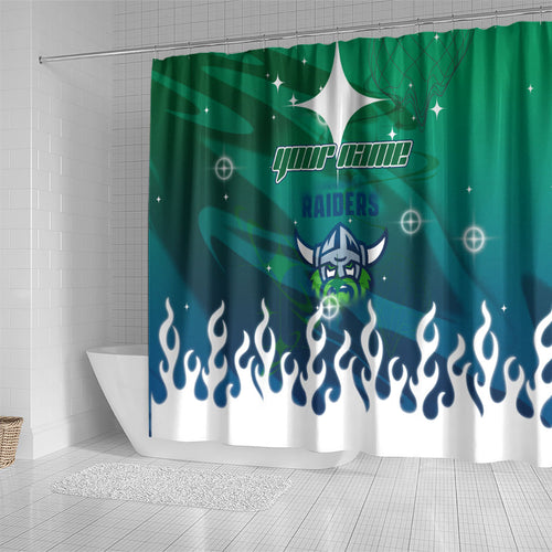 Personalized Canberra Raiders Shower Curtain Y2K Grunge Aesthetic With Cyber Flames and Starburst Graphics
