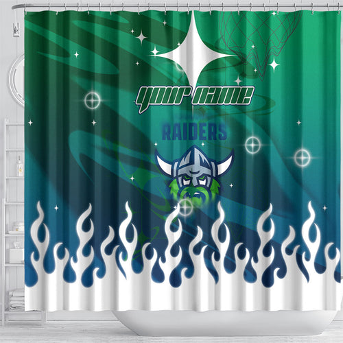 Personalized Canberra Raiders Shower Curtain Y2K Grunge Aesthetic With Cyber Flames and Starburst Graphics