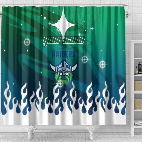 Personalized Canberra Raiders Shower Curtain Y2K Grunge Aesthetic With Cyber Flames and Starburst Graphics