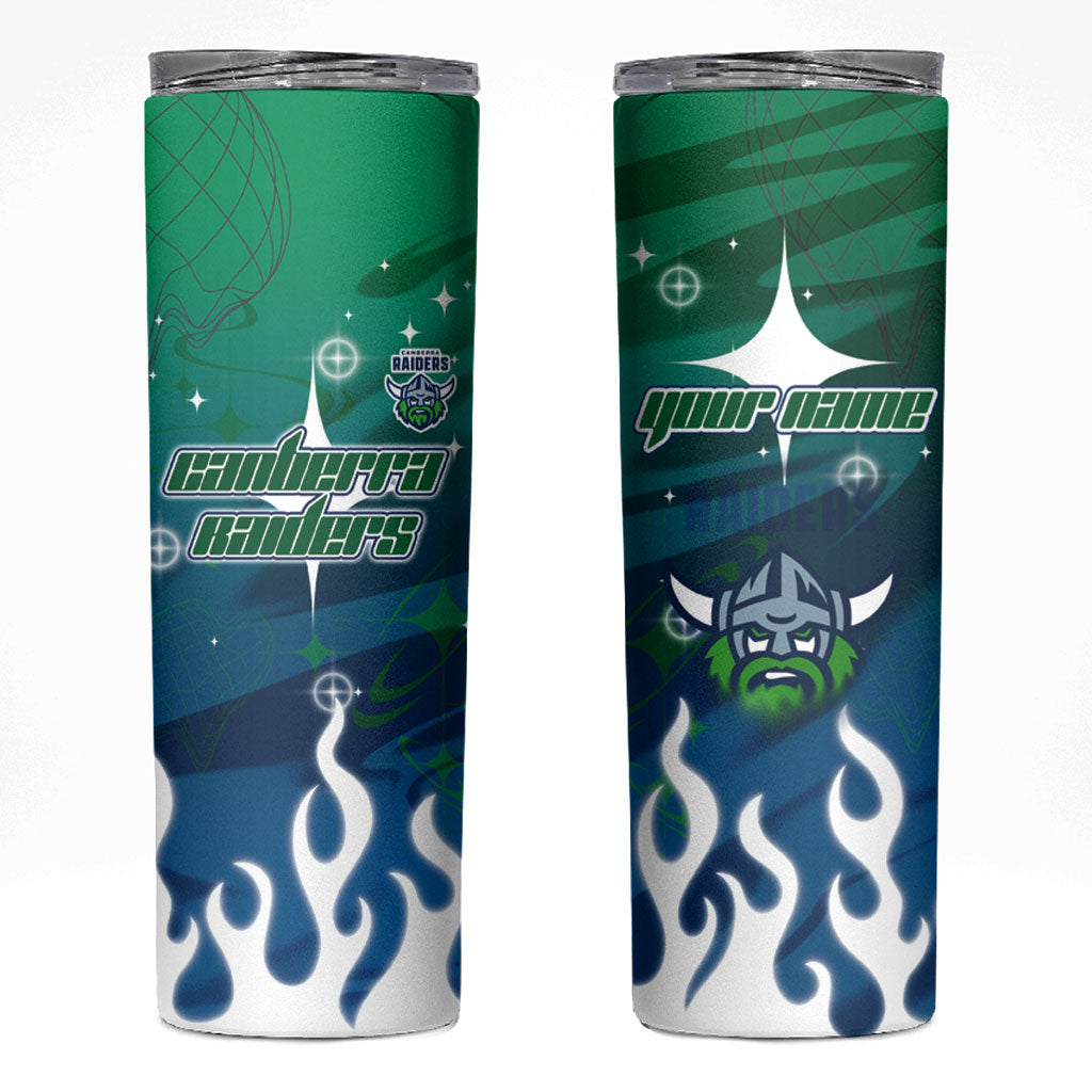 Personalized Canberra Raiders Skinny Tumbler Y2K Grunge Aesthetic With Cyber Flames and Starburst Graphics