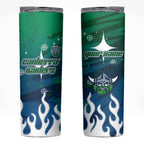 Personalized Canberra Raiders Skinny Tumbler Y2K Grunge Aesthetic With Cyber Flames and Starburst Graphics