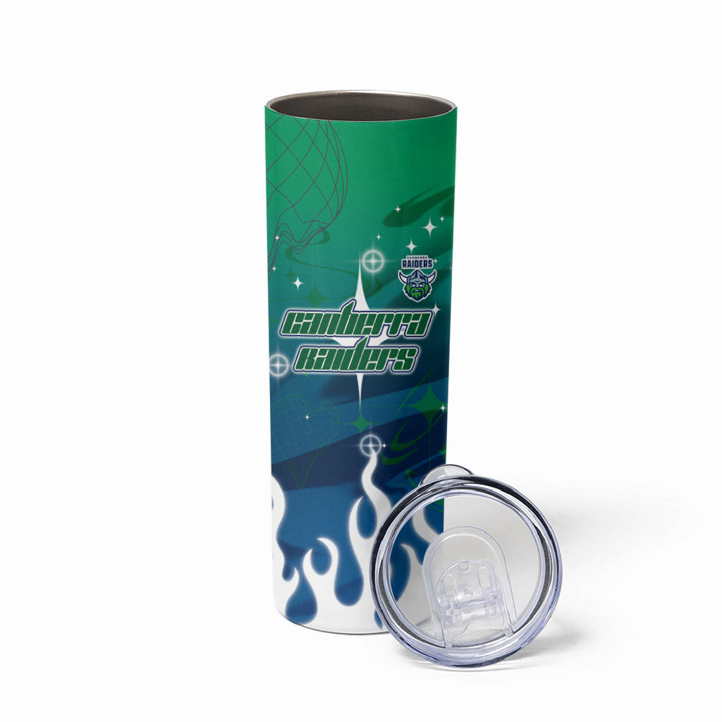 Personalized Canberra Raiders Skinny Tumbler Y2K Grunge Aesthetic With Cyber Flames and Starburst Graphics