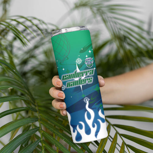 Personalized Canberra Raiders Skinny Tumbler Y2K Grunge Aesthetic With Cyber Flames and Starburst Graphics