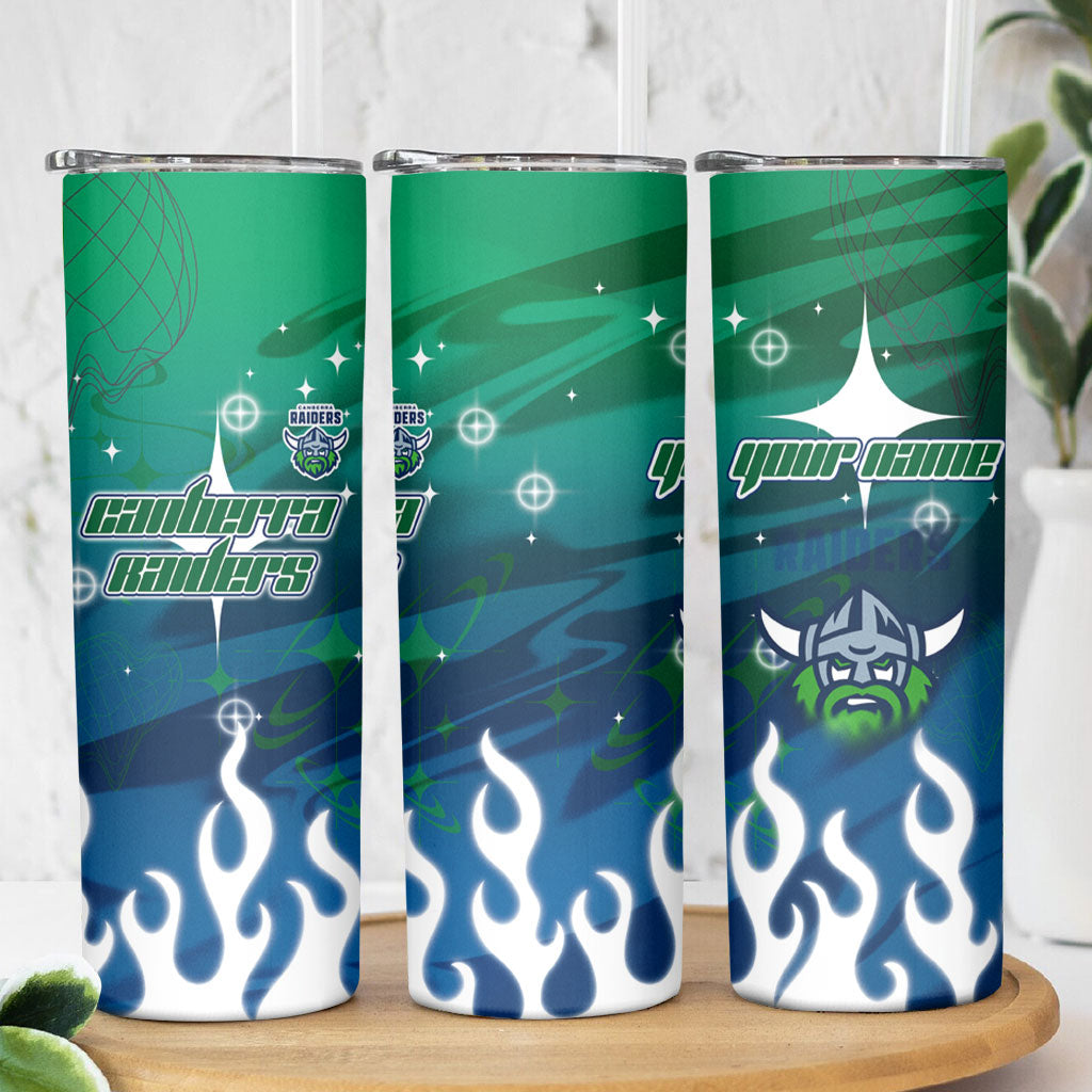 Personalized Canberra Raiders Skinny Tumbler Y2K Grunge Aesthetic With Cyber Flames and Starburst Graphics