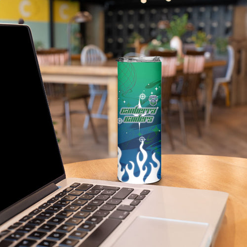 Personalized Canberra Raiders Skinny Tumbler Y2K Grunge Aesthetic With Cyber Flames and Starburst Graphics