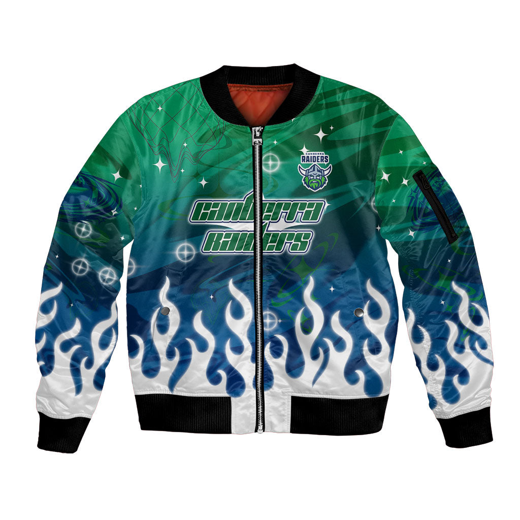 Personalized Canberra Raiders Sleeve Zip Bomber Jacket Y2K Grunge Aesthetic With Cyber Flames and Starburst Graphics