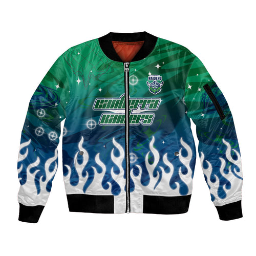 Personalized Canberra Raiders Sleeve Zip Bomber Jacket Y2K Grunge Aesthetic With Cyber Flames and Starburst Graphics