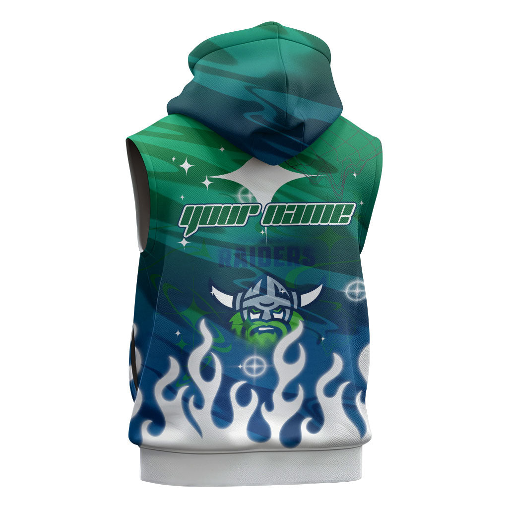 Personalized Canberra Raiders Sleeveless Hoodie Y2K Grunge Aesthetic With Cyber Flames and Starburst Graphics