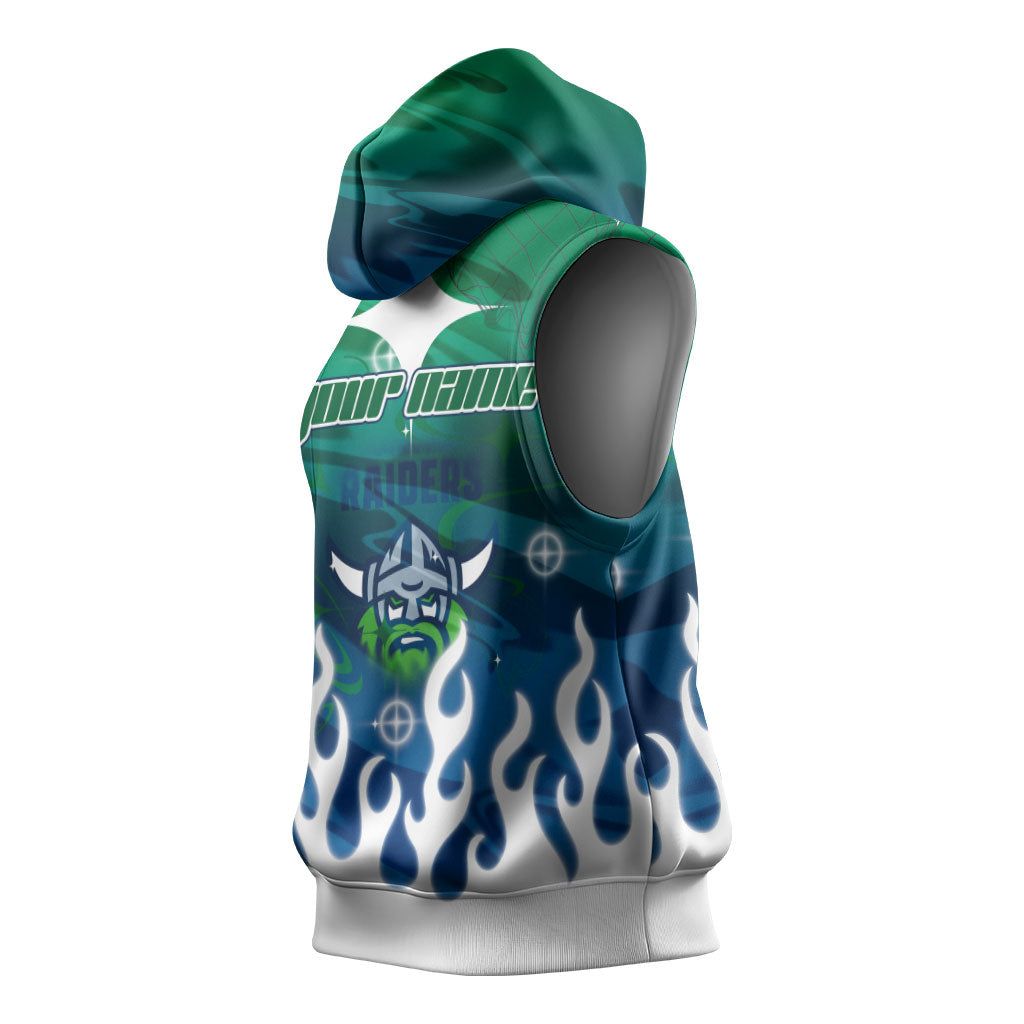 Personalized Canberra Raiders Sleeveless Hoodie Y2K Grunge Aesthetic With Cyber Flames and Starburst Graphics