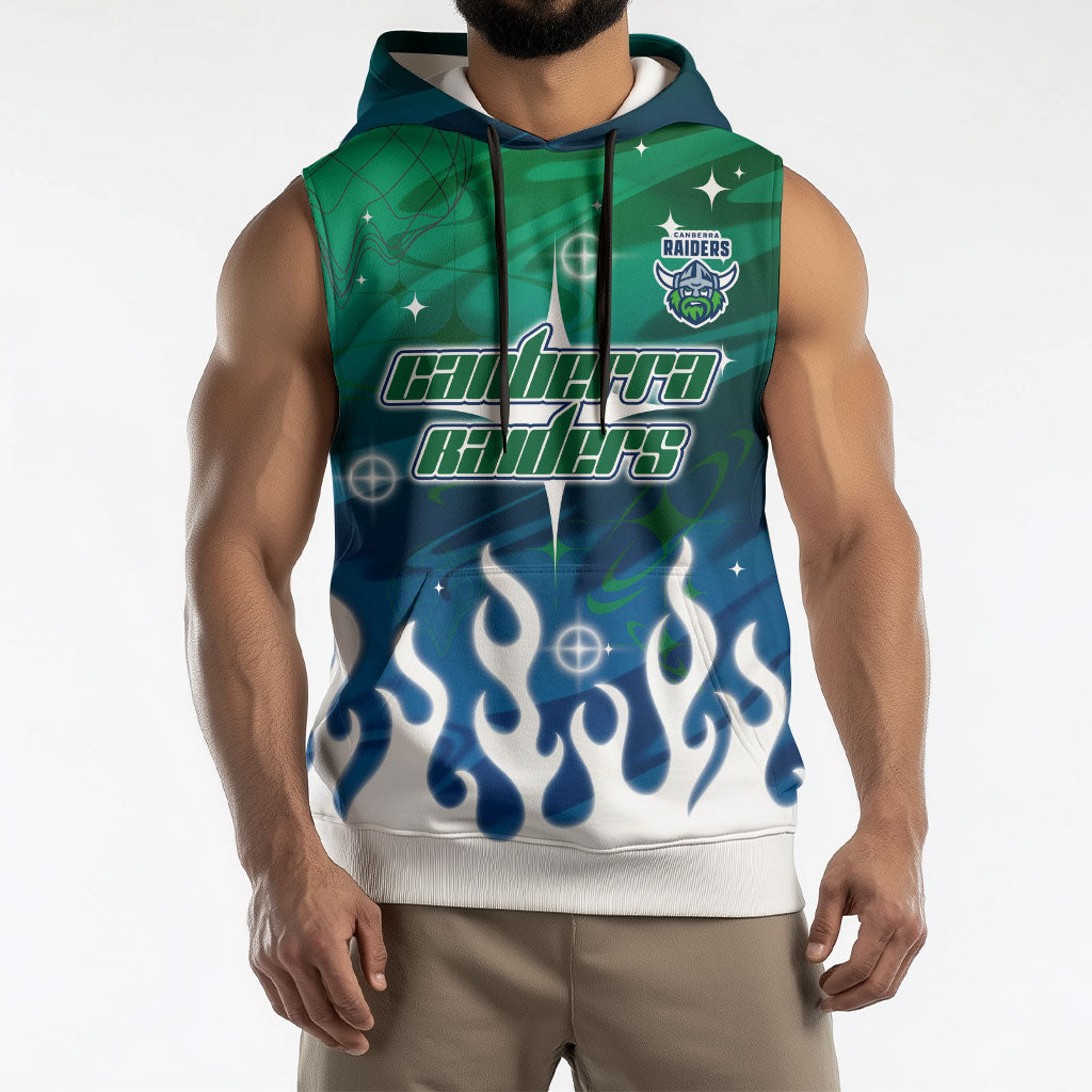 Personalized Canberra Raiders Sleeveless Hoodie Y2K Grunge Aesthetic With Cyber Flames and Starburst Graphics
