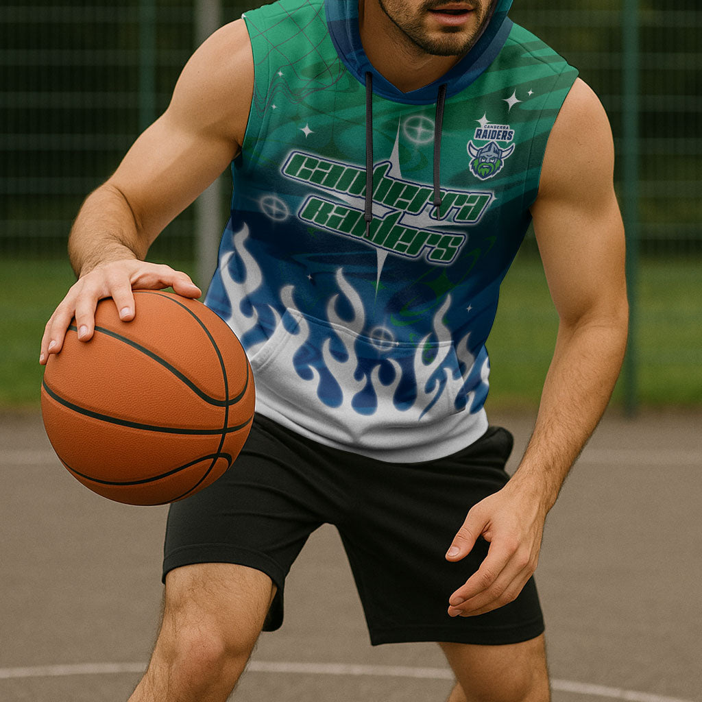 Personalized Canberra Raiders Sleeveless Hoodie Y2K Grunge Aesthetic With Cyber Flames and Starburst Graphics