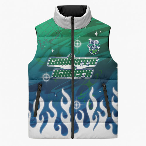 Personalized Canberra Raiders Sleeveless Puffer Jacket Y2K Grunge Aesthetic With Cyber Flames and Starburst Graphics