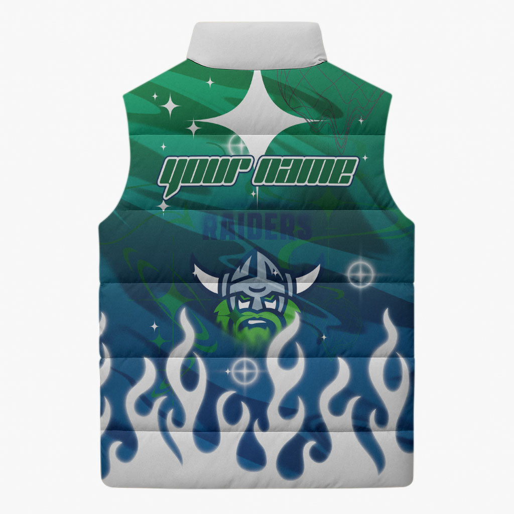 Personalized Canberra Raiders Sleeveless Puffer Jacket Y2K Grunge Aesthetic With Cyber Flames and Starburst Graphics