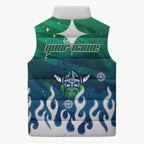 Personalized Canberra Raiders Sleeveless Puffer Jacket Y2K Grunge Aesthetic With Cyber Flames and Starburst Graphics