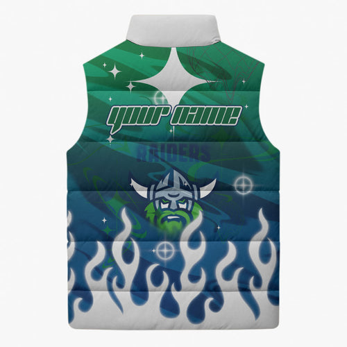 Personalized Canberra Raiders Sleeveless Puffer Jacket Y2K Grunge Aesthetic With Cyber Flames and Starburst Graphics
