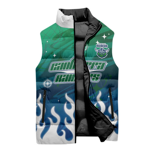 Personalized Canberra Raiders Sleeveless Puffer Jacket Y2K Grunge Aesthetic With Cyber Flames and Starburst Graphics