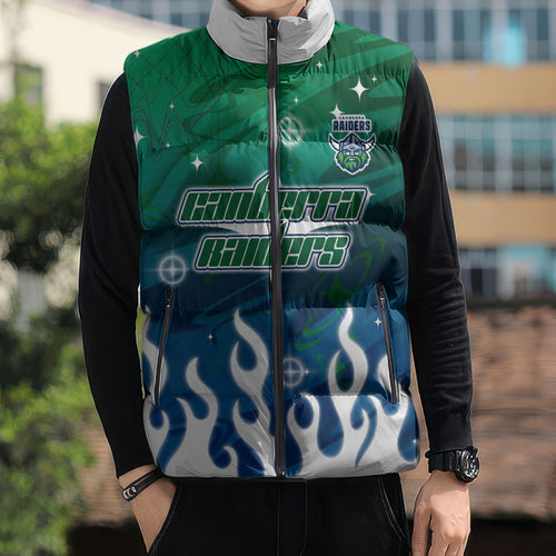 Personalized Canberra Raiders Sleeveless Puffer Jacket Y2K Grunge Aesthetic With Cyber Flames and Starburst Graphics