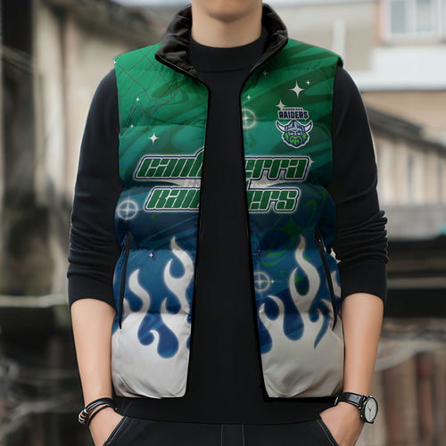 Personalized Canberra Raiders Sleeveless Puffer Jacket Y2K Grunge Aesthetic With Cyber Flames and Starburst Graphics