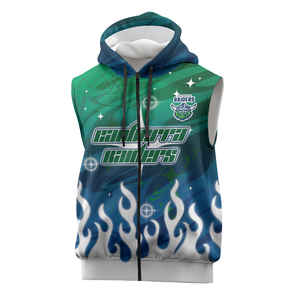 Personalized Canberra Raiders Sleeveless Zip Hoodie Y2K Grunge Aesthetic With Cyber Flames and Starburst Graphics