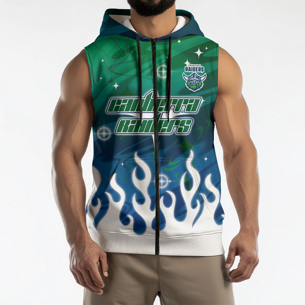 Personalized Canberra Raiders Sleeveless Zip Hoodie Y2K Grunge Aesthetic With Cyber Flames and Starburst Graphics