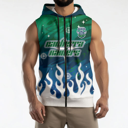 Personalized Canberra Raiders Sleeveless Zip Hoodie Y2K Grunge Aesthetic With Cyber Flames and Starburst Graphics