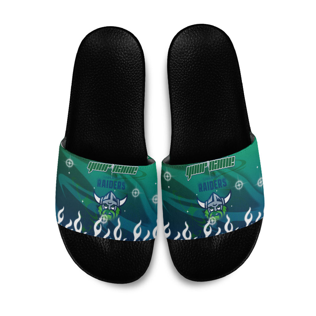 Personalized Canberra Raiders Slide Sandals Y2K Grunge Aesthetic With Cyber Flames and Starburst Graphics