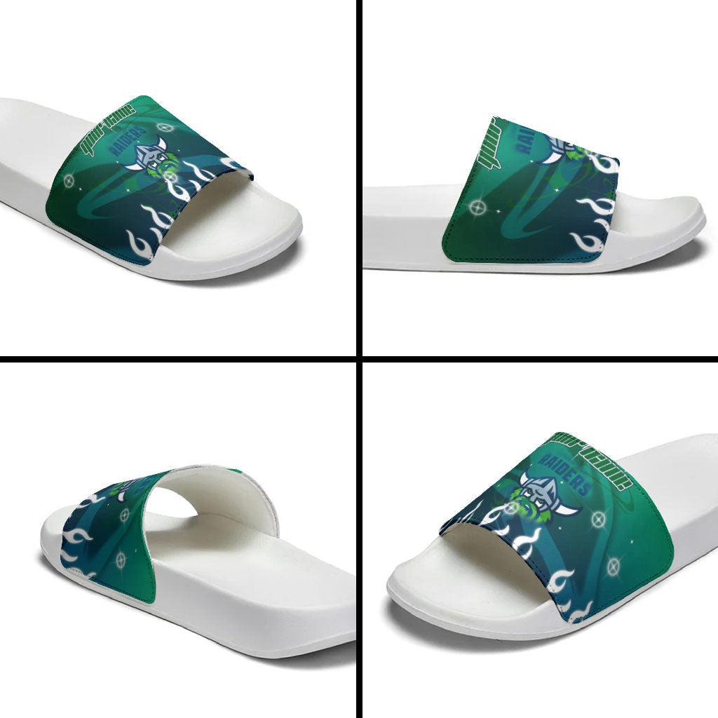 Personalized Canberra Raiders Slide Sandals Y2K Grunge Aesthetic With Cyber Flames and Starburst Graphics